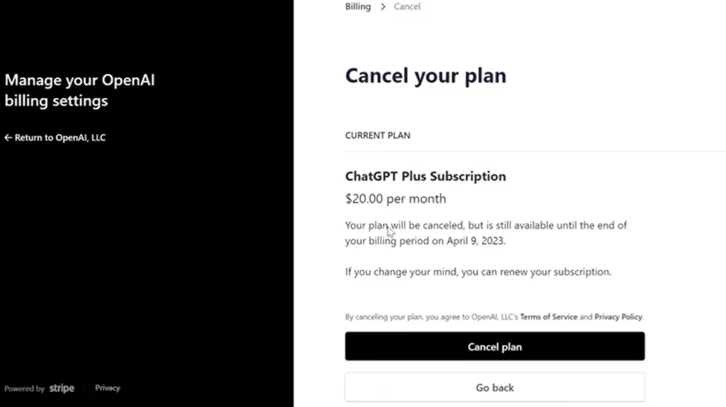 chatgpt plus subscription cancellation confirmation