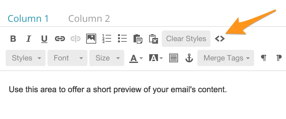 text editor select the code button - mailchimp